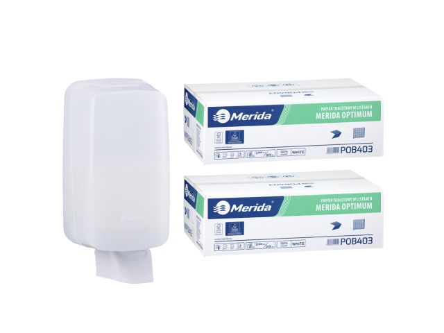 Pojemnik na papier toaletowy w listkach MERIDA HARMONY za 1 zł netto przy zakupie 2 kartonów papierów toaletowych MERIDA OPTIMUM POB403 (18 000 listków)